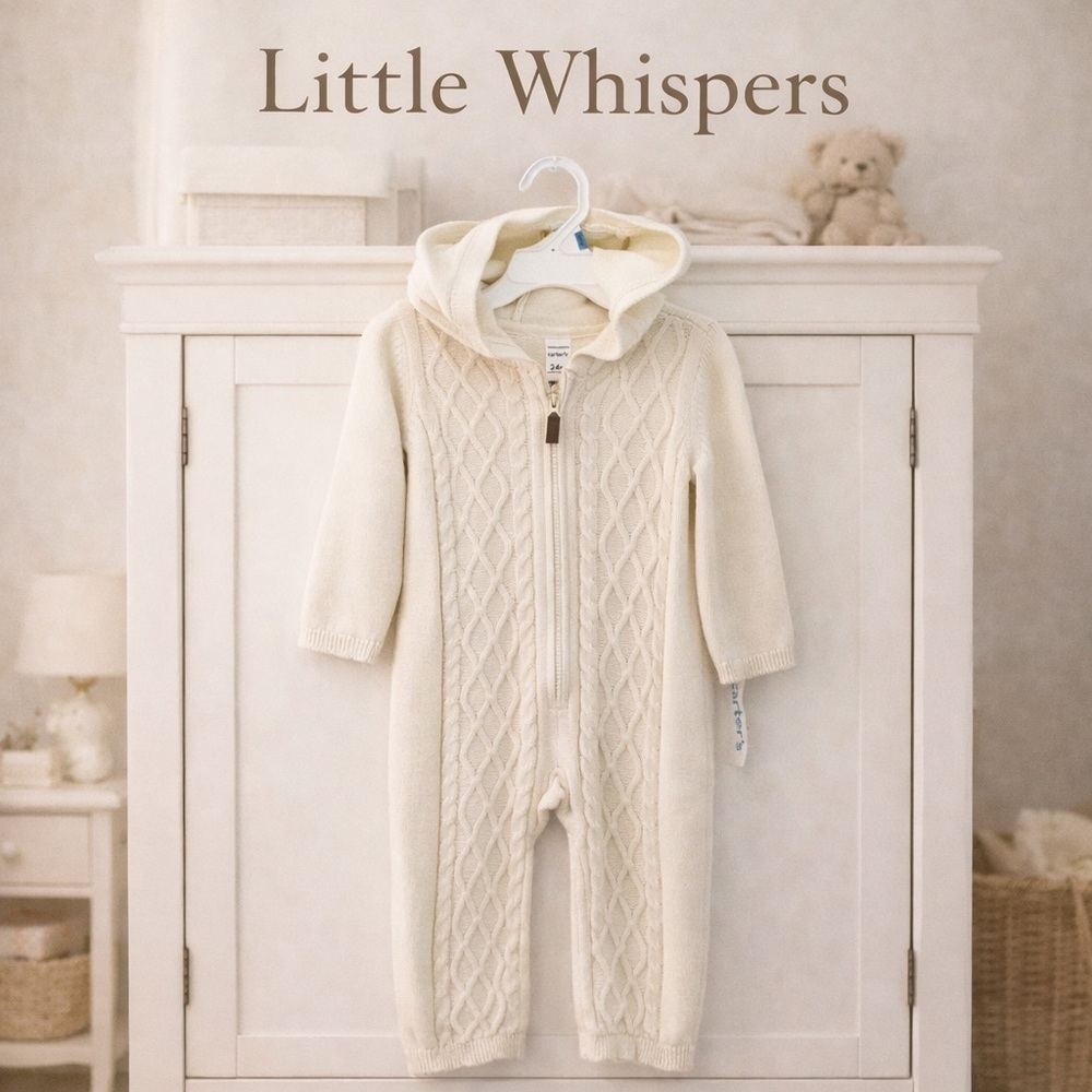 NWT Carter’s Cream Cable Knit Hooded Jumpsuit 24M | Zip Front One Piece